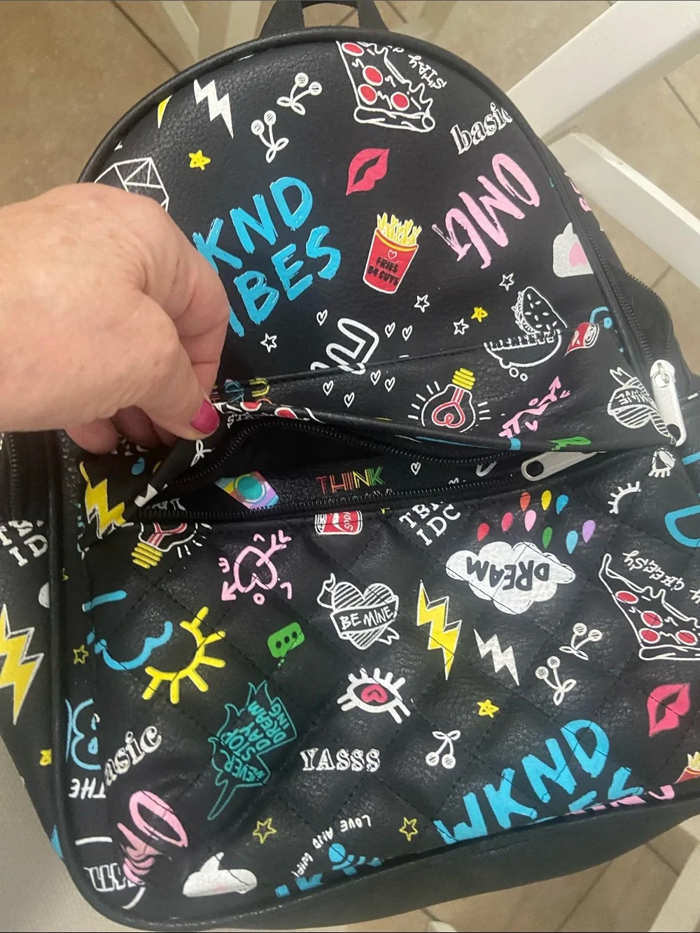 Claire's Black Mini Backpack with Colorful Graphic Icons